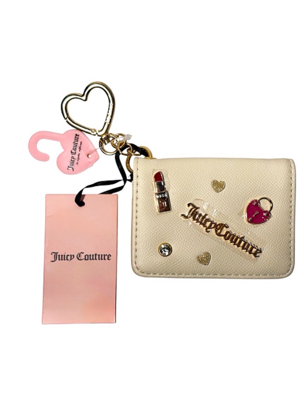 NWT Juicy Couture Cream Pink Card Holder Wallet Keychain With Charms ID Window - Picture 9 of 9